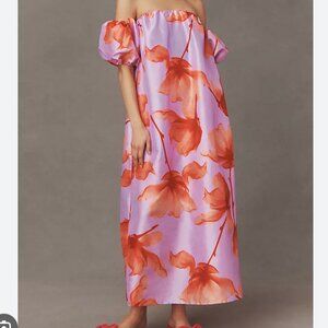Hutch Lavender Shantung Off-The-Shoulder Maxi Dress in Purple Floral Print sz M